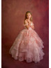 Off Shoulder Pink Beaded Lace Layered Tulle Flower Girl Dress